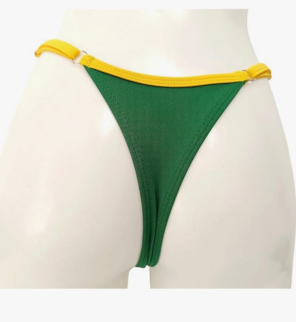 Bikini brasileño tanga NORDESTINA verde y amarillo, con cordón ajustable, material de alta calidad, perfecto para la playa o piscina.