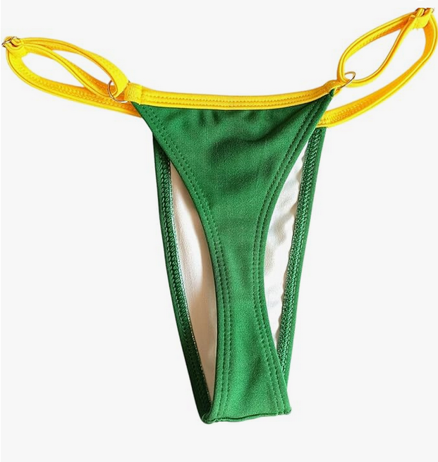 Bikini brasileño tanga NORDESTINA verde y amarillo, con cordón ajustable, material de alta calidad, perfecto para la playa o piscina.