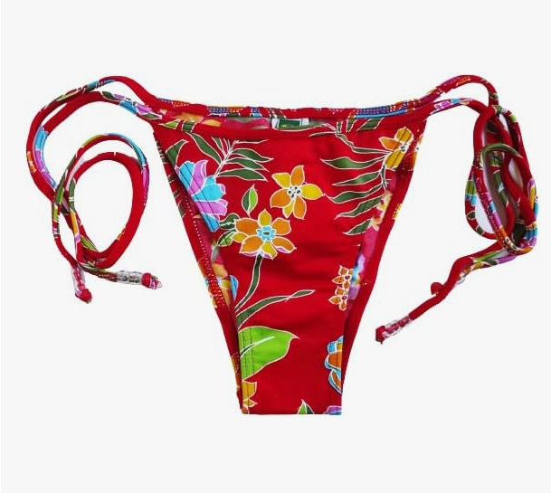 Bikini brasileño triángulo NORDESTINA con estampado vibrante y micro tanga. Hecho con 85% poliamida y 15% elastano, ideal para la playa y piscina.