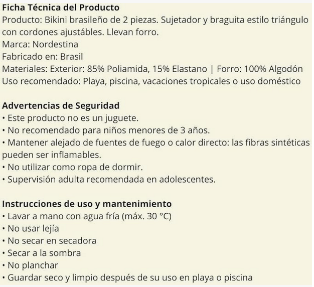 Bikini brasileño triángulo NORDESTINA con estampado vibrante y micro tanga. Hecho con 85% poliamida y 15% elastano, ideal para la playa y piscina.