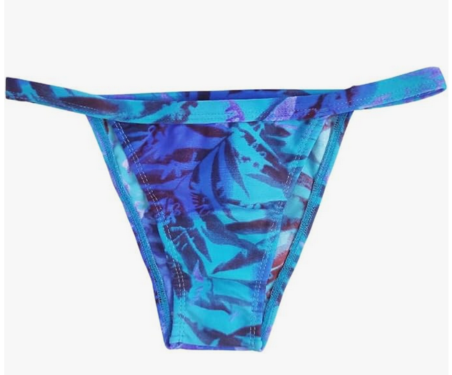 Bikini brasileño azul NORDESTINA, estampado vibrante, top con tirantes ajustables y cuello en V. Hecho con 85% poliamida y 15% elastano, perfecto para la playa y piscina.
