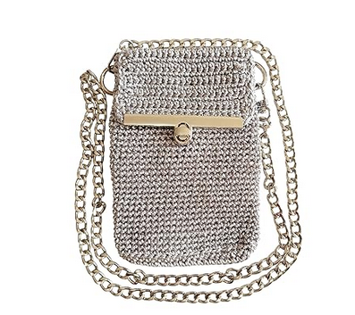 Bolso de crochet para móvil, bandolera compacta y elegante, diseño artesanal y correa ajustable para mujer.