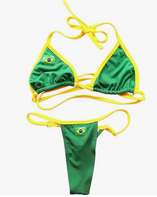 Bikini brasileño tanga NORDESTINA verde y amarillo, con cordón ajustable, material de alta calidad, perfecto para la playa o piscina.
