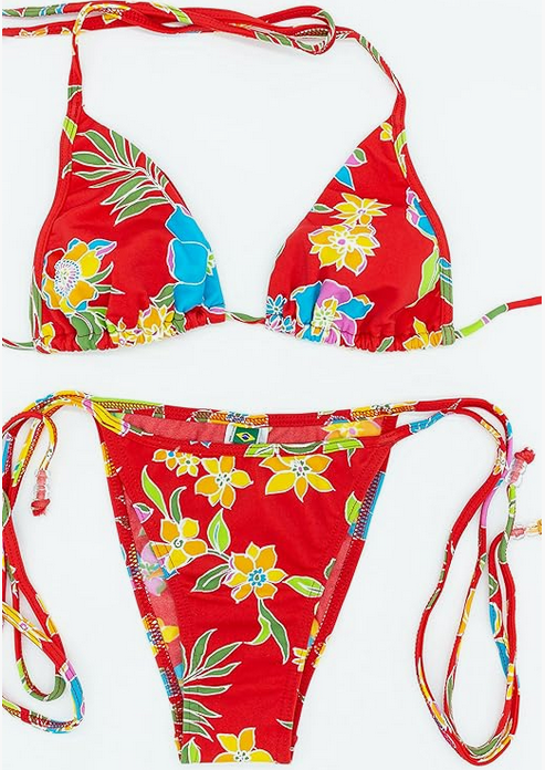 Bikini brasileño triángulo NORDESTINA con estampado vibrante y micro tanga. Hecho con 85% poliamida y 15% elastano, ideal para la playa y piscina.