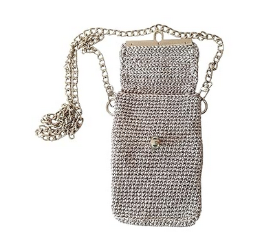 Bolso de crochet para móvil, bandolera compacta y elegante, diseño artesanal y correa ajustable para mujer.
